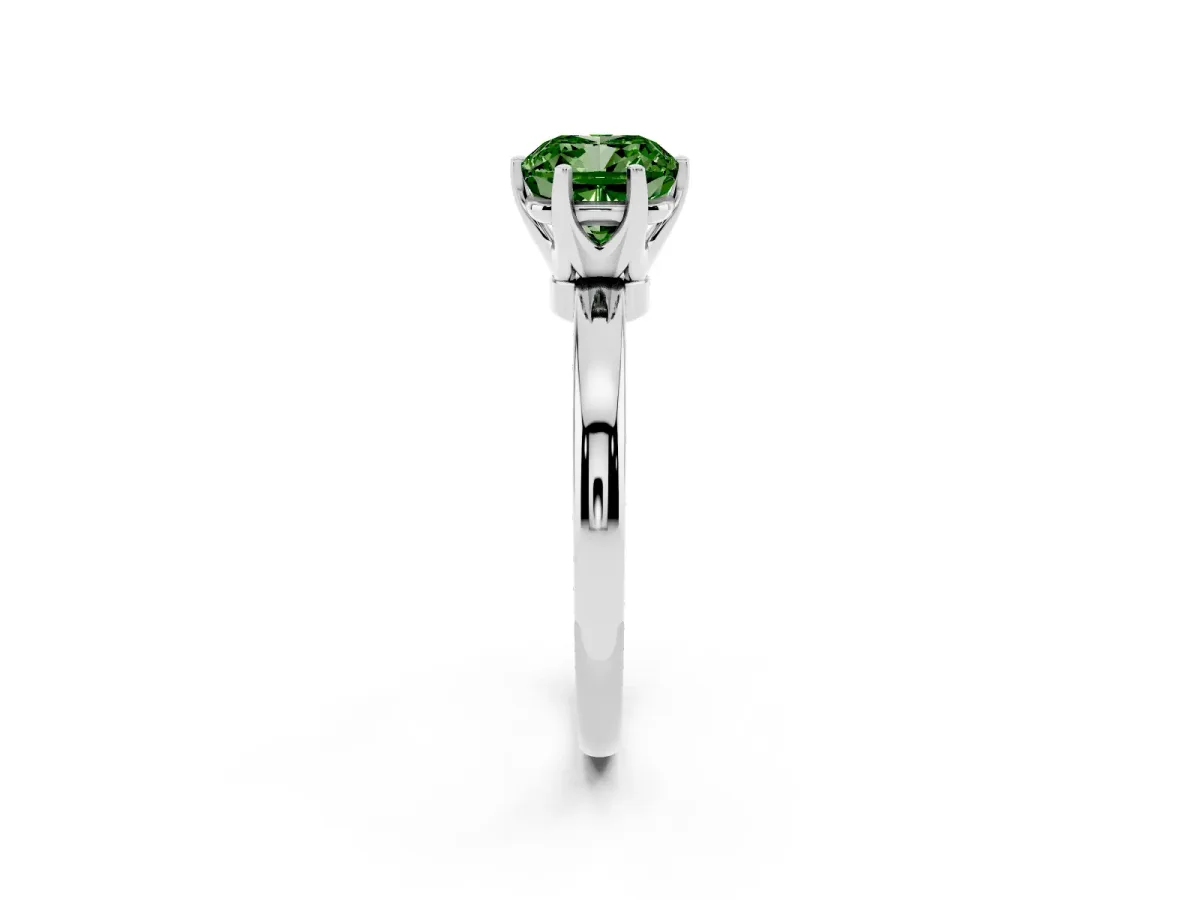 Fancy Green Cushion Cut Solitaire Diamond Ring with Six-Prong Setting on a Classic Band Silver