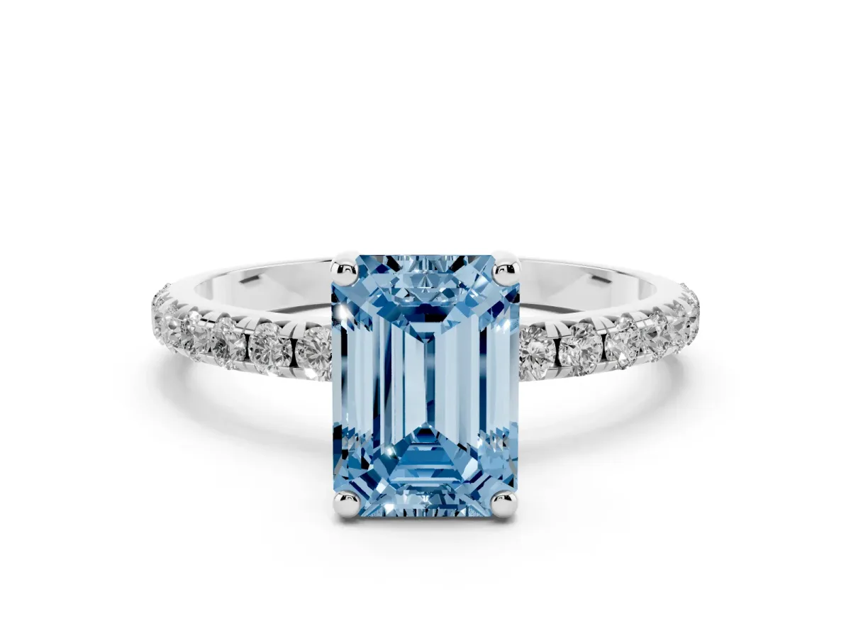 Fancy Blue Emerald Cut Cut Diamond Solitaire Ring with Micro Pave Band and Four Prong Setting Silver