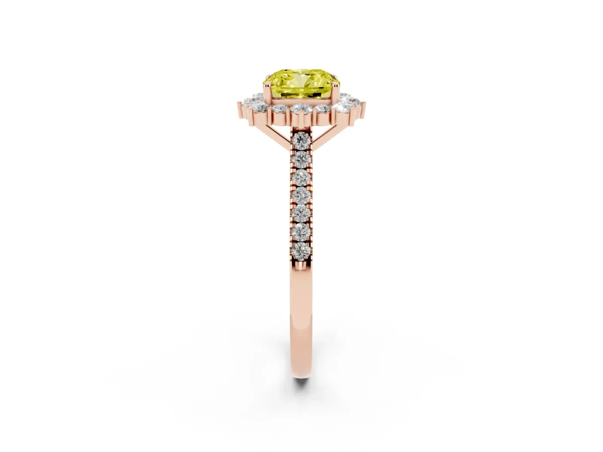 Fancy Yellow Cushion Cut Halo Diamond Ring with Pavé Band and Prong Setting Rose gold