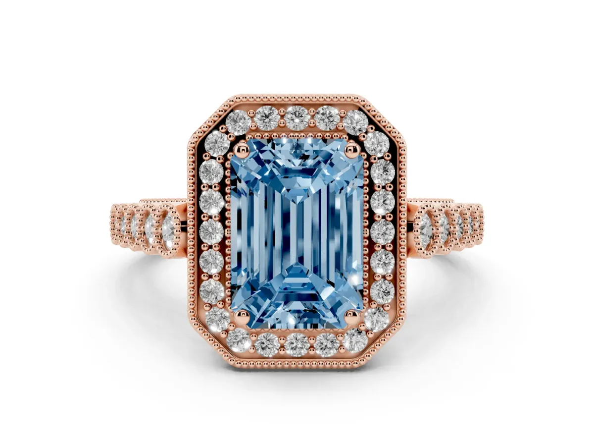 Fancy Blue Emerald Cut Halo Milgrain Solitaire with Bezel Set Side Stones and Pave Band Rose gold