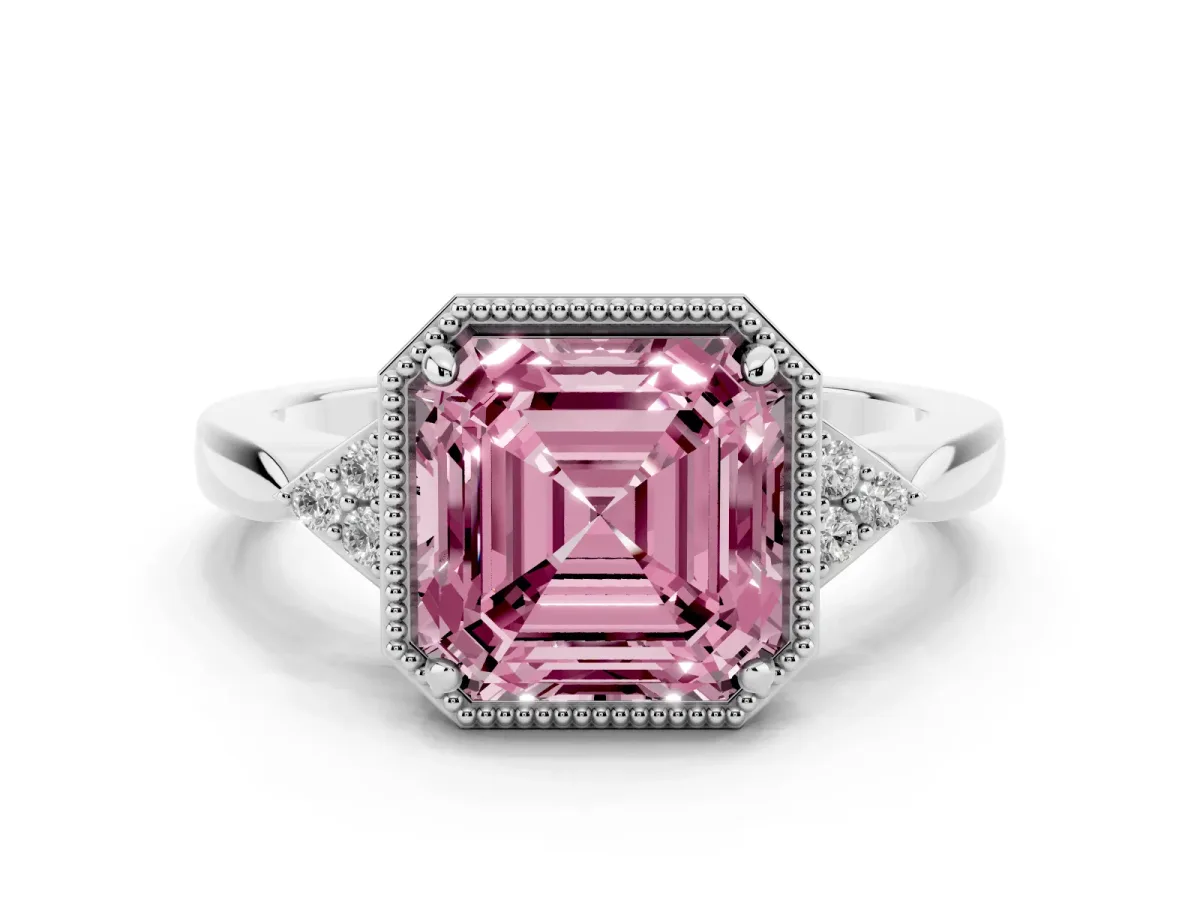 Fancy Pink Hexagonal Halo Asscher Cut Diamond Solitaire with Pavé Band and Four-Prong Setting Silver