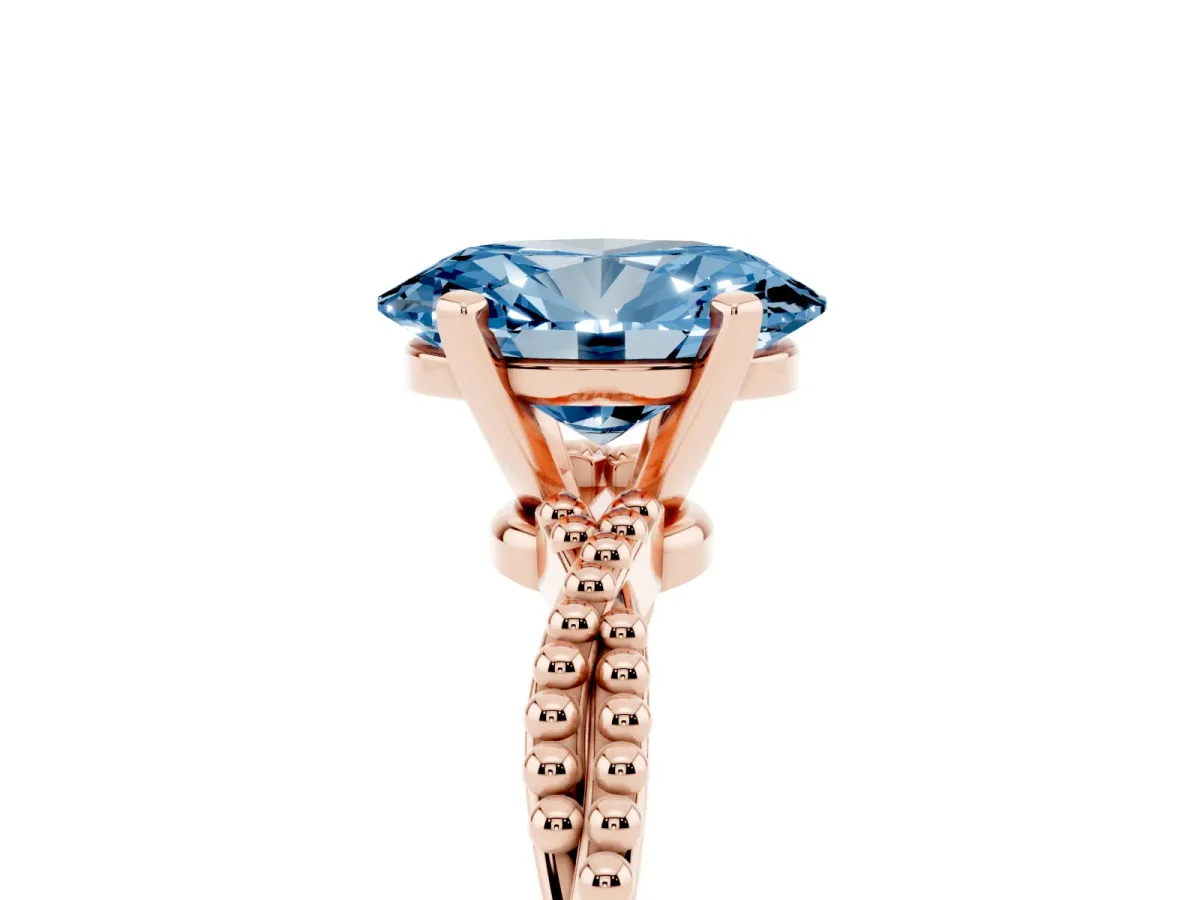 Fancy Blue Oval Cut Solitaire Twisted Band with Bead Prong Setting Rose gold
