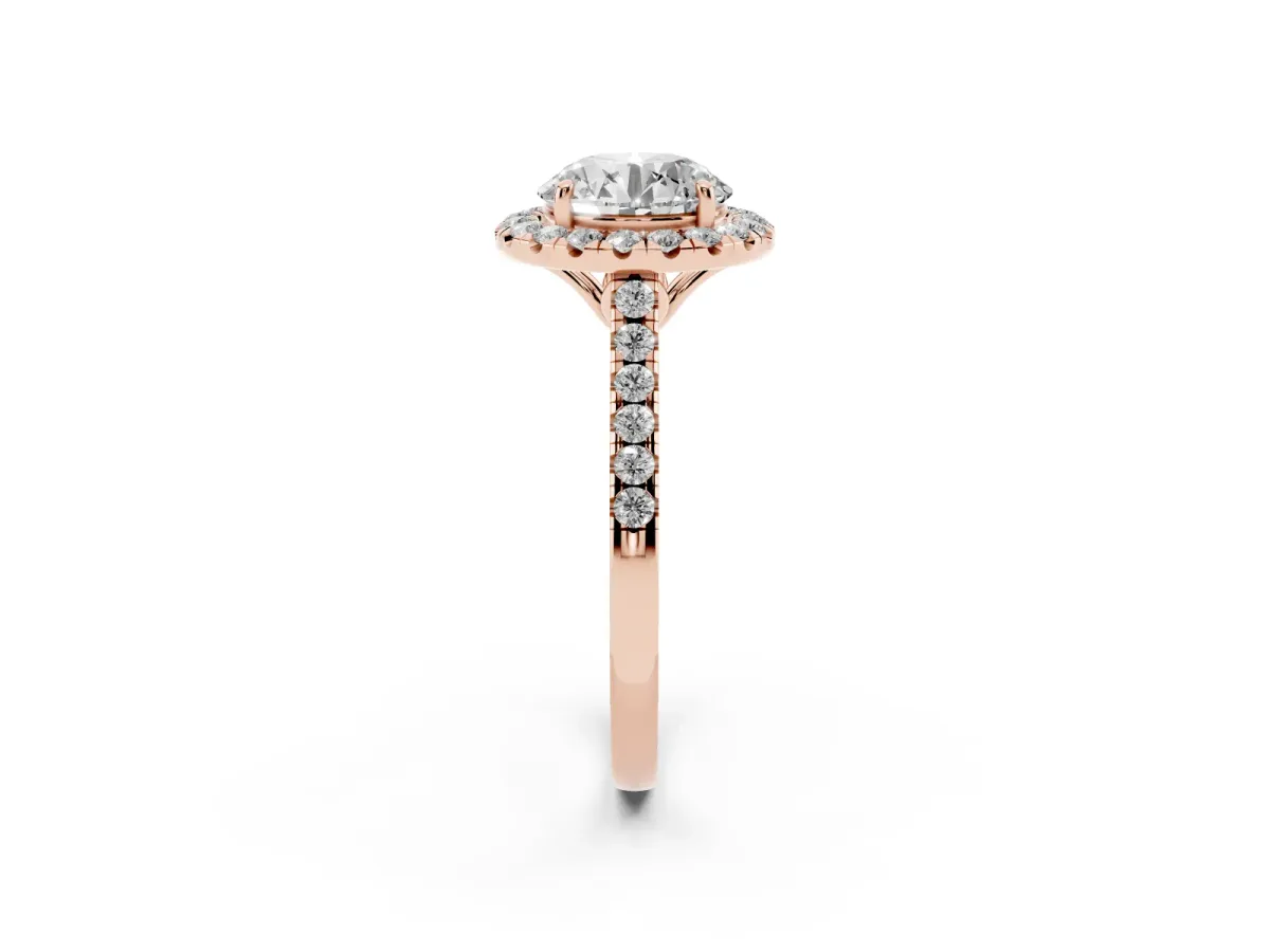 Round Cut Halo Pavé Diamond Engagement Ring with Four-Prong Setting Rose gold