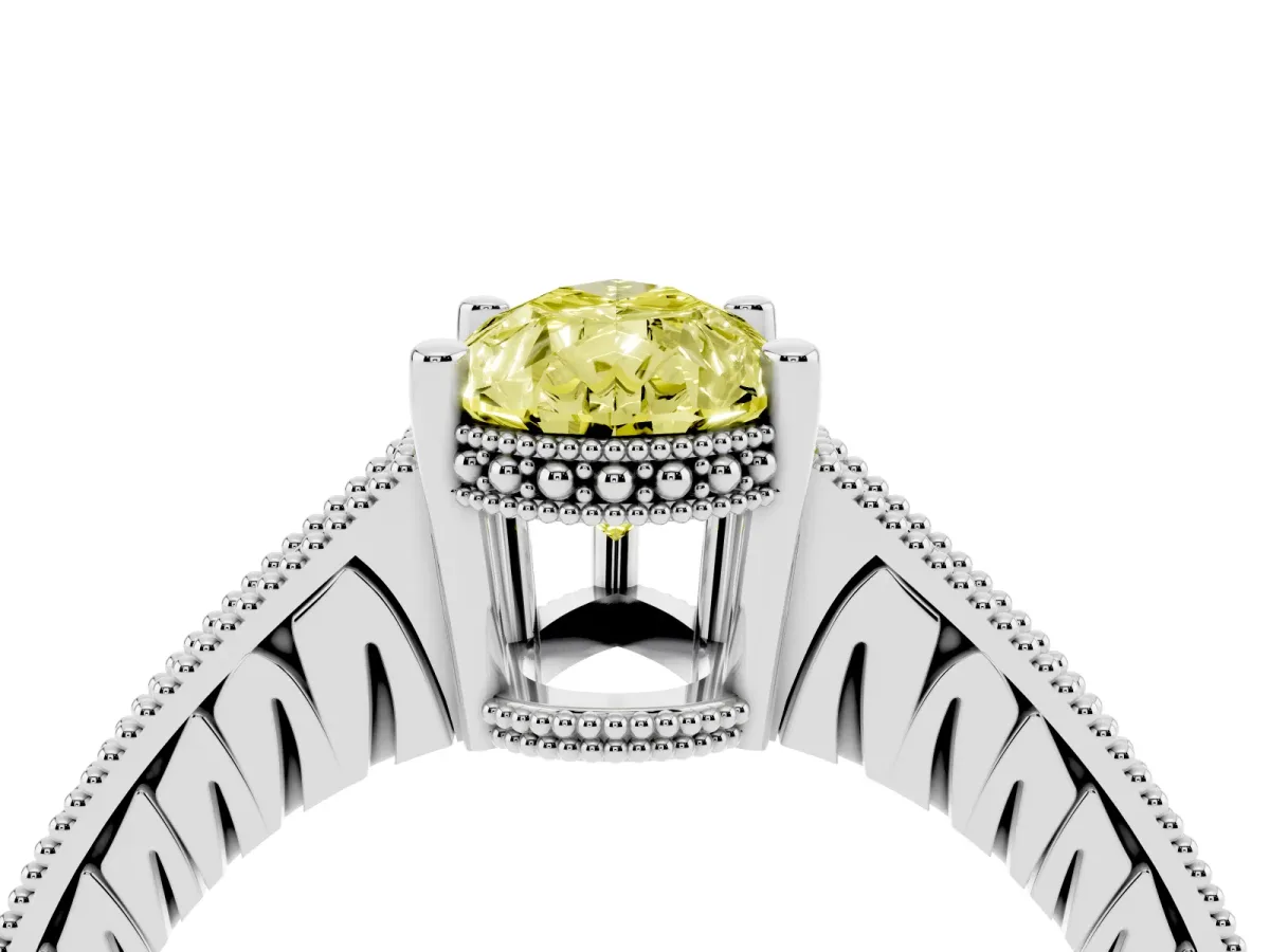 Fancy Yellow Pear Cut Solitaire Pavé Diamond Milgrain Engagement Ring with Four-Prong Setting Silver