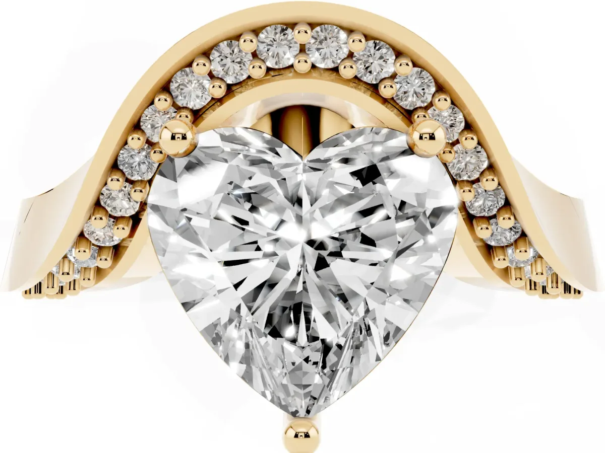 Heart Cut Solitaire Diamond Engagement Ring with Pave Band and Four-Prong Setting Yellow gold