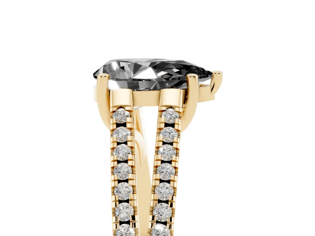 Fancy Black Pear Cut Diamond Solitaire Engagement Ring with Split Shank Pavé Band Yellow gold