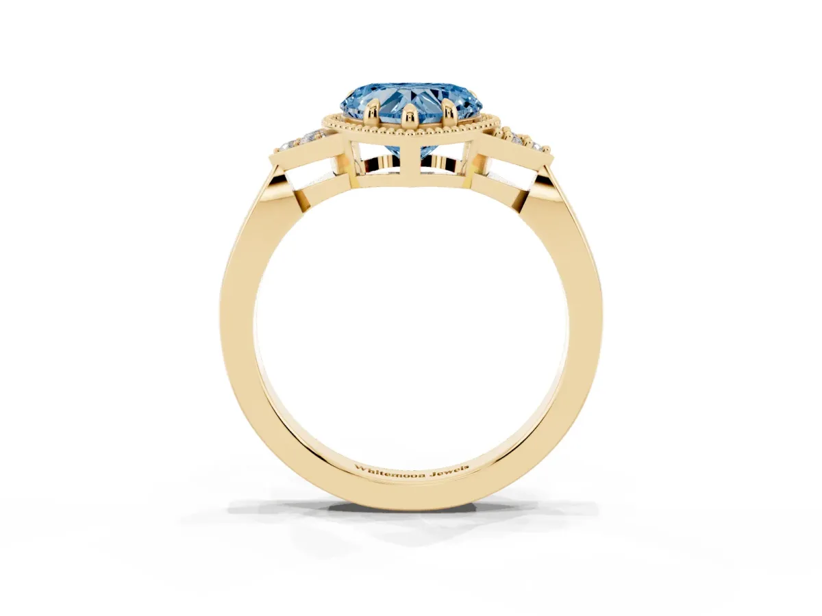 Fancy Blue Hexagonal Halo Heart Cut Diamond Solitaire with Pavé Band and Four-Prong Setting Yellow gold