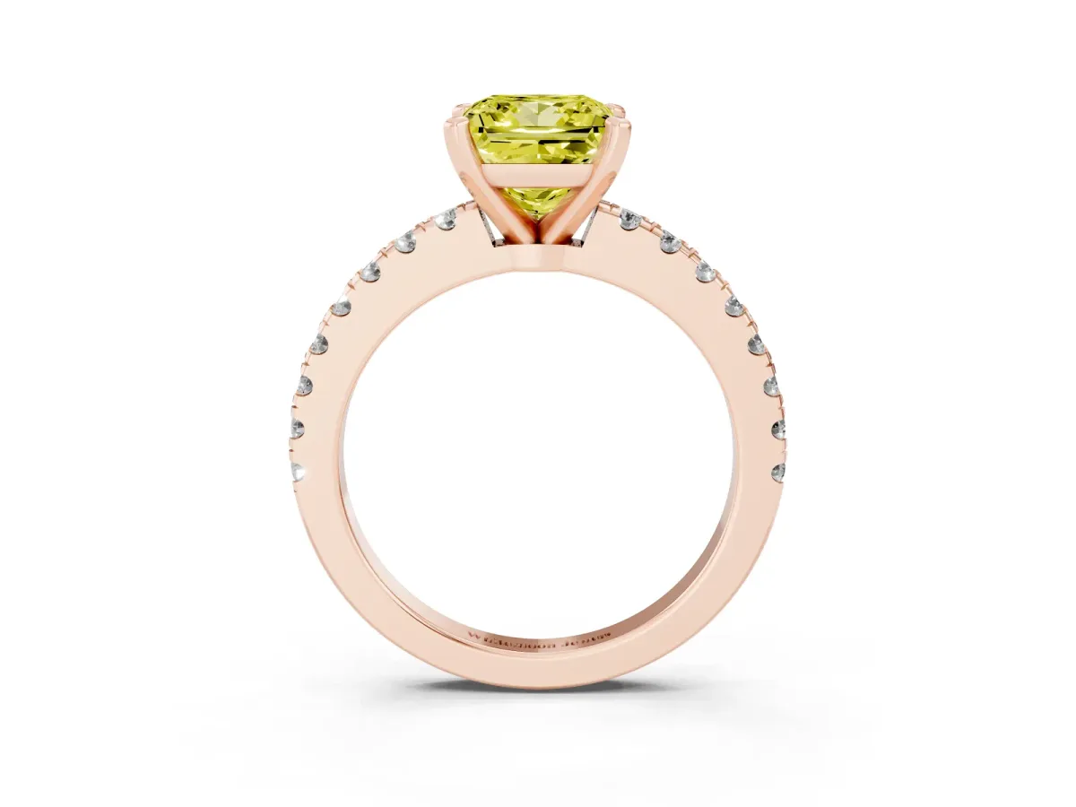 Fancy Yellow Princess Cut Solitaire Diamond with Pavé Band and Four-Prong Setting Rose gold