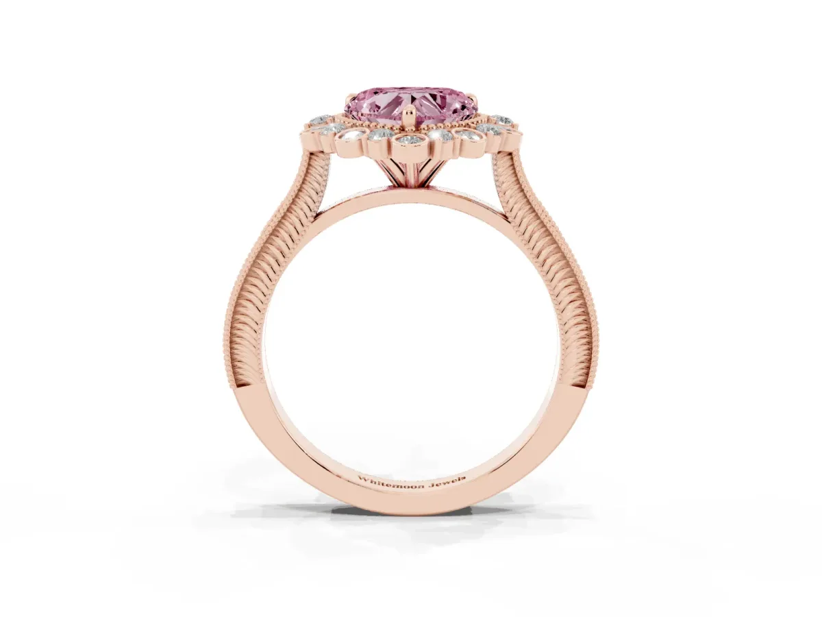 Fancy Pink Heart Cut Halo Milgrain Pave Diamond Ring with Four-Prong Setting Rose gold