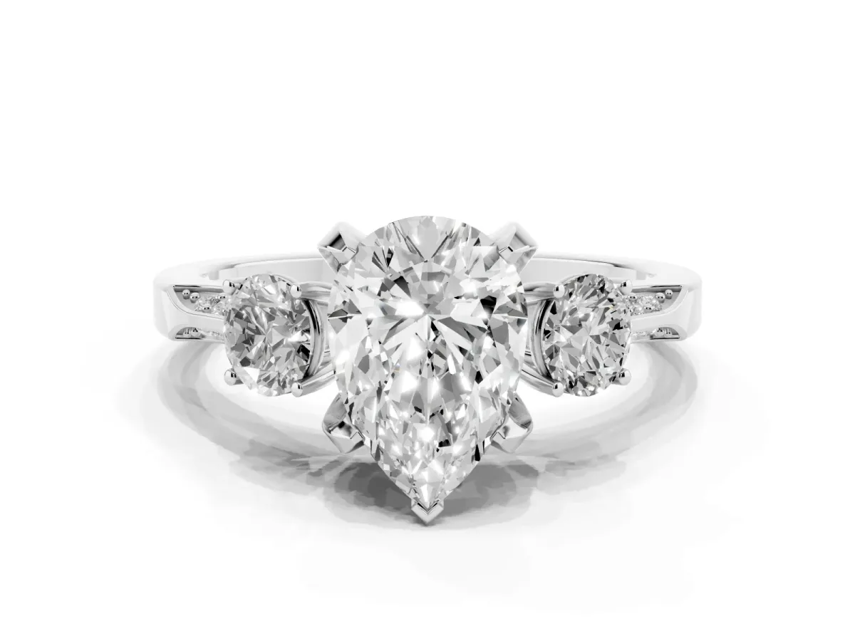 Pear Cut Brilliant Three-Stone Diamond Ring with Pavé Band and Four-Prong Setting Silver