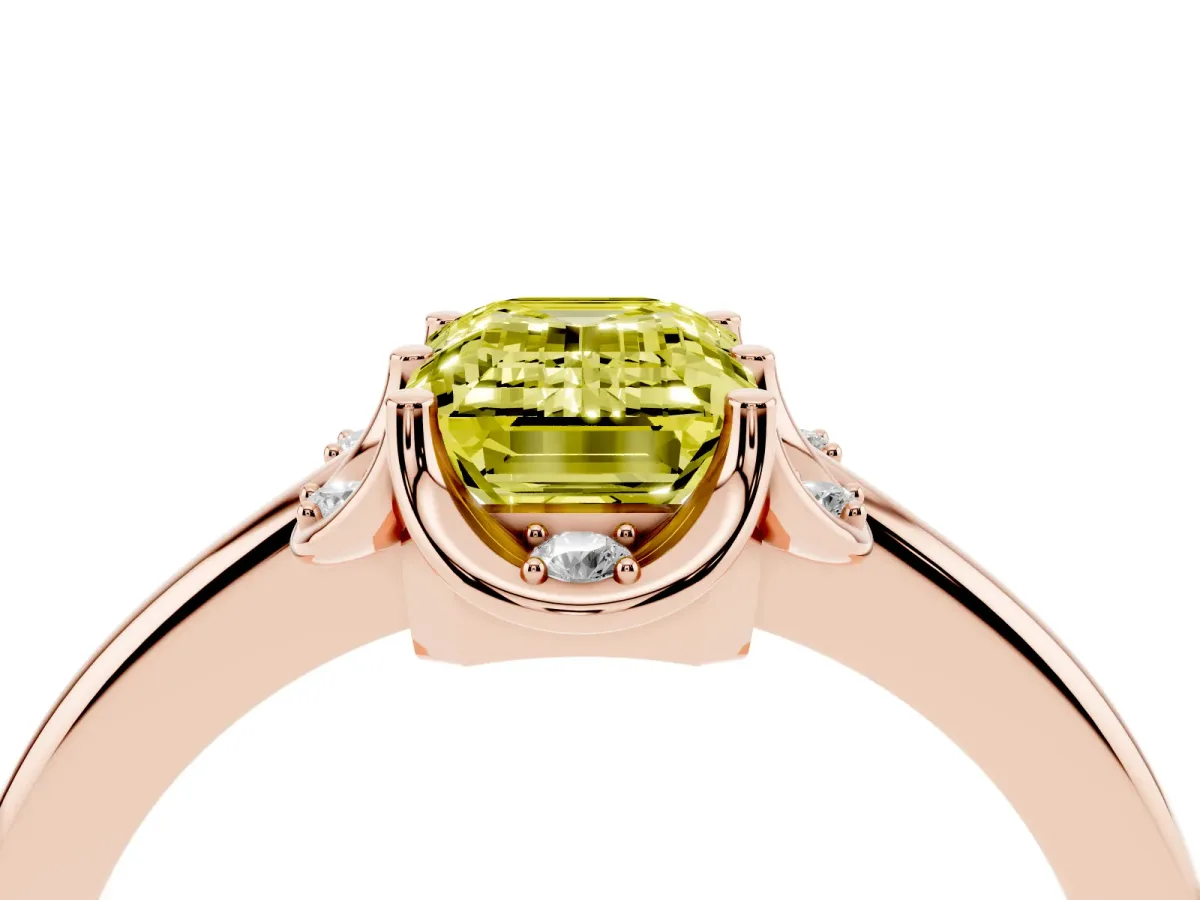 Fancy Yellow Emerald Cut Halo Diamond Ring with Round Cluster Setting, Solitaire Band, and Four-Prong Setting Rose gold