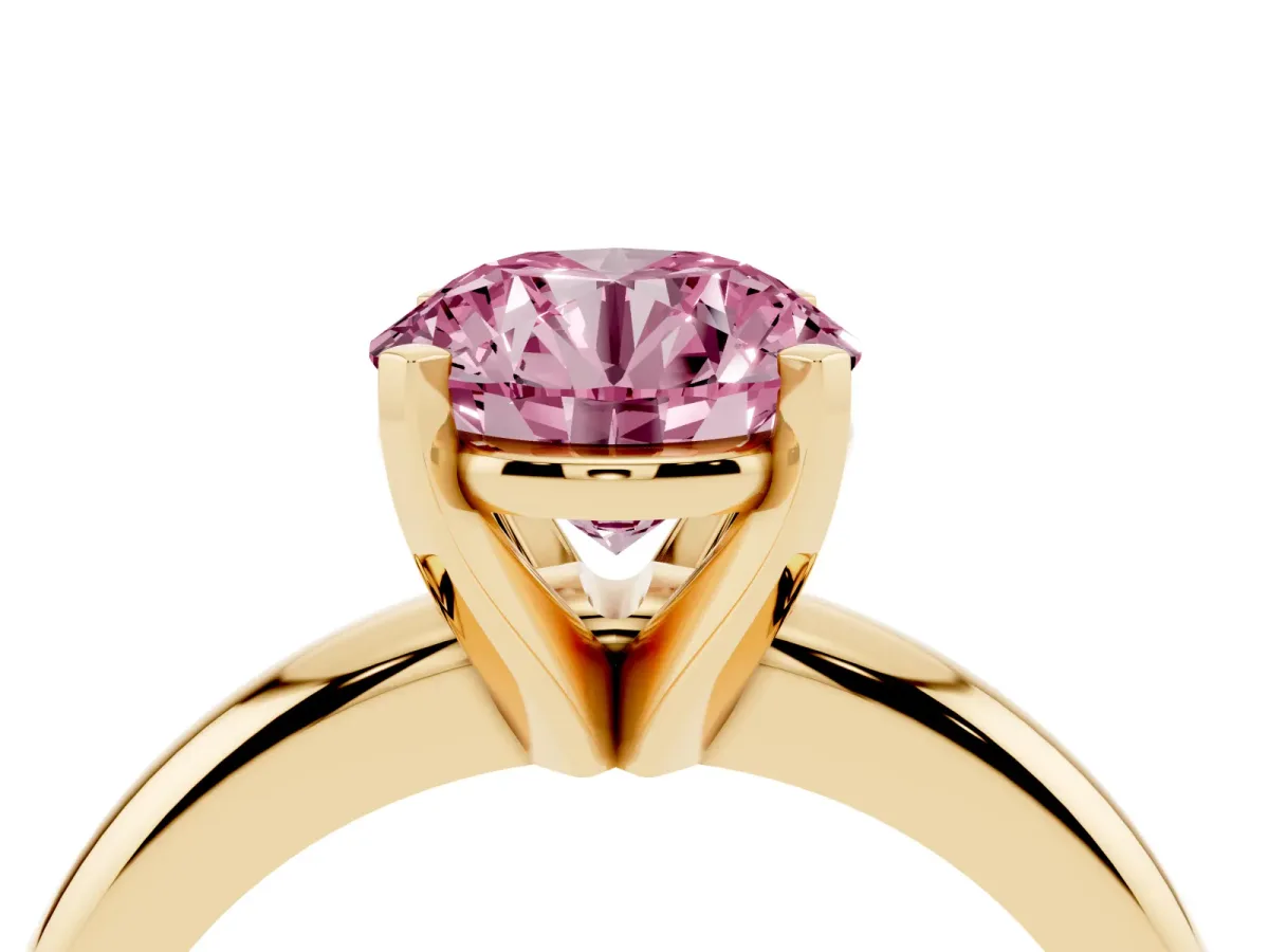 Fancy Pink Round Cut Diamond Solitaire Engagement Ring with Round Band and Four-Prong Setting Yellow gold