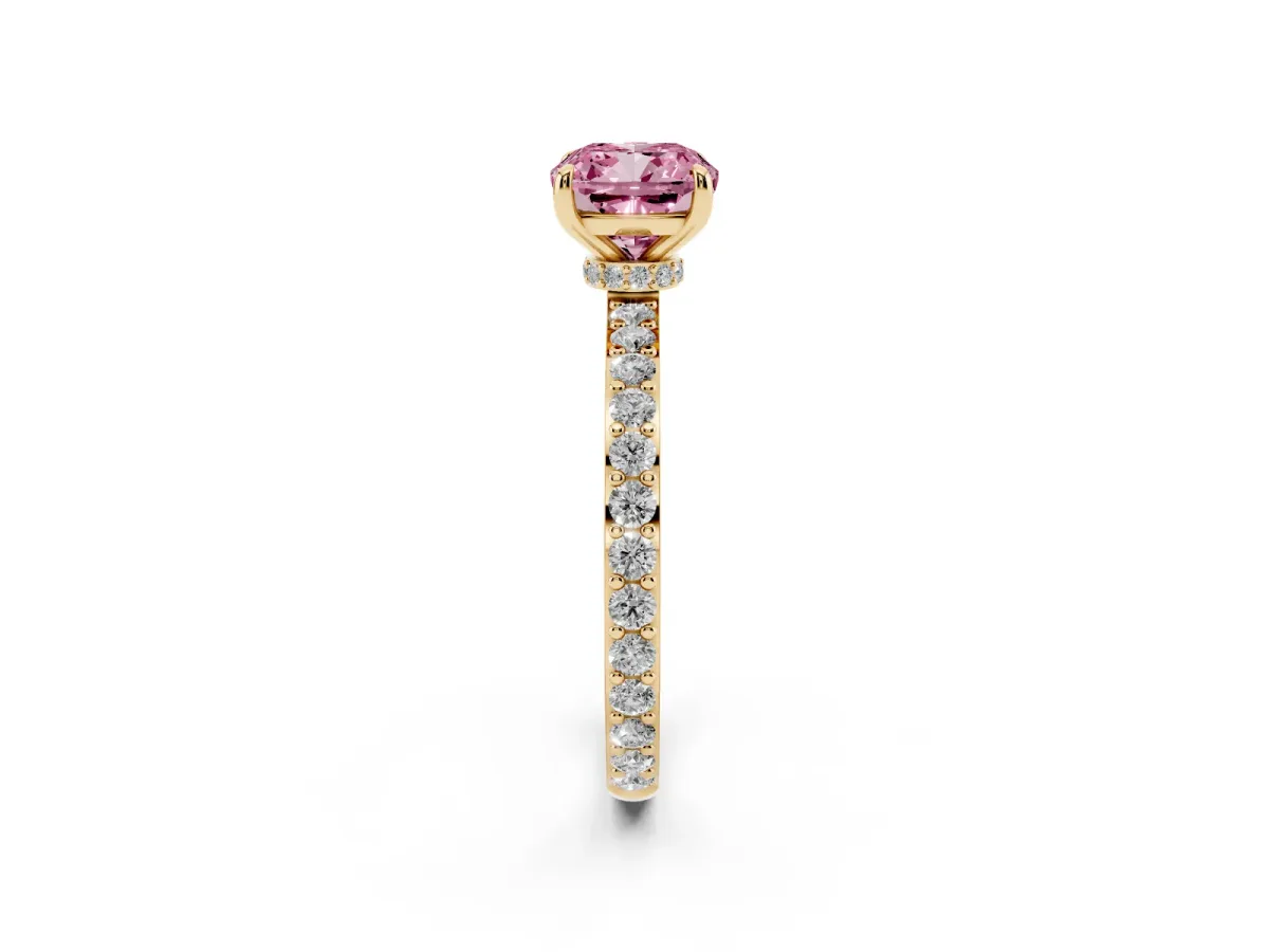 Fancy Pink Cushion Cut Diamond Solitaire Engagement Ring with Pavé Band and Four-Prong Setting Yellow gold