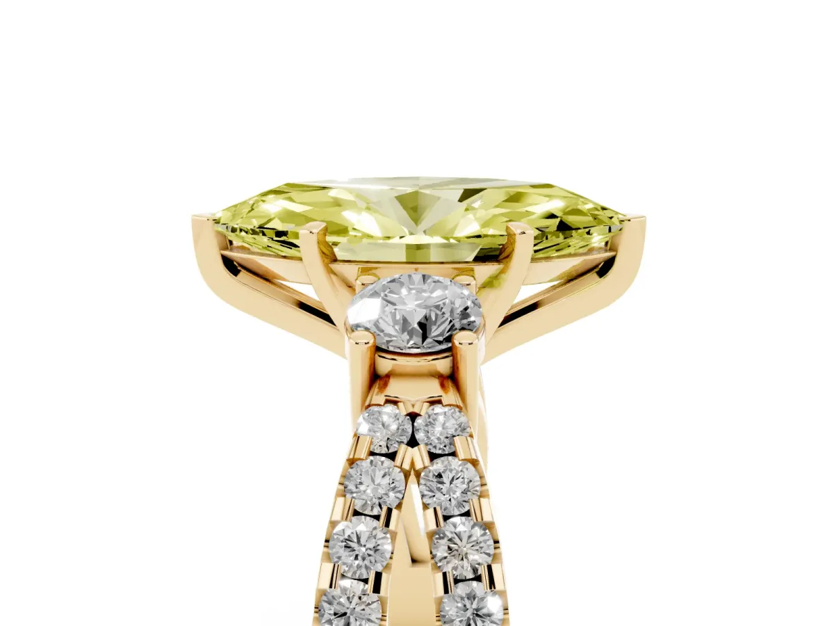 Fancy Yellow Marquise Cut Diamond Three-Stone Ring with Pavé Split Shank and Four-Prong Setting Yellow gold