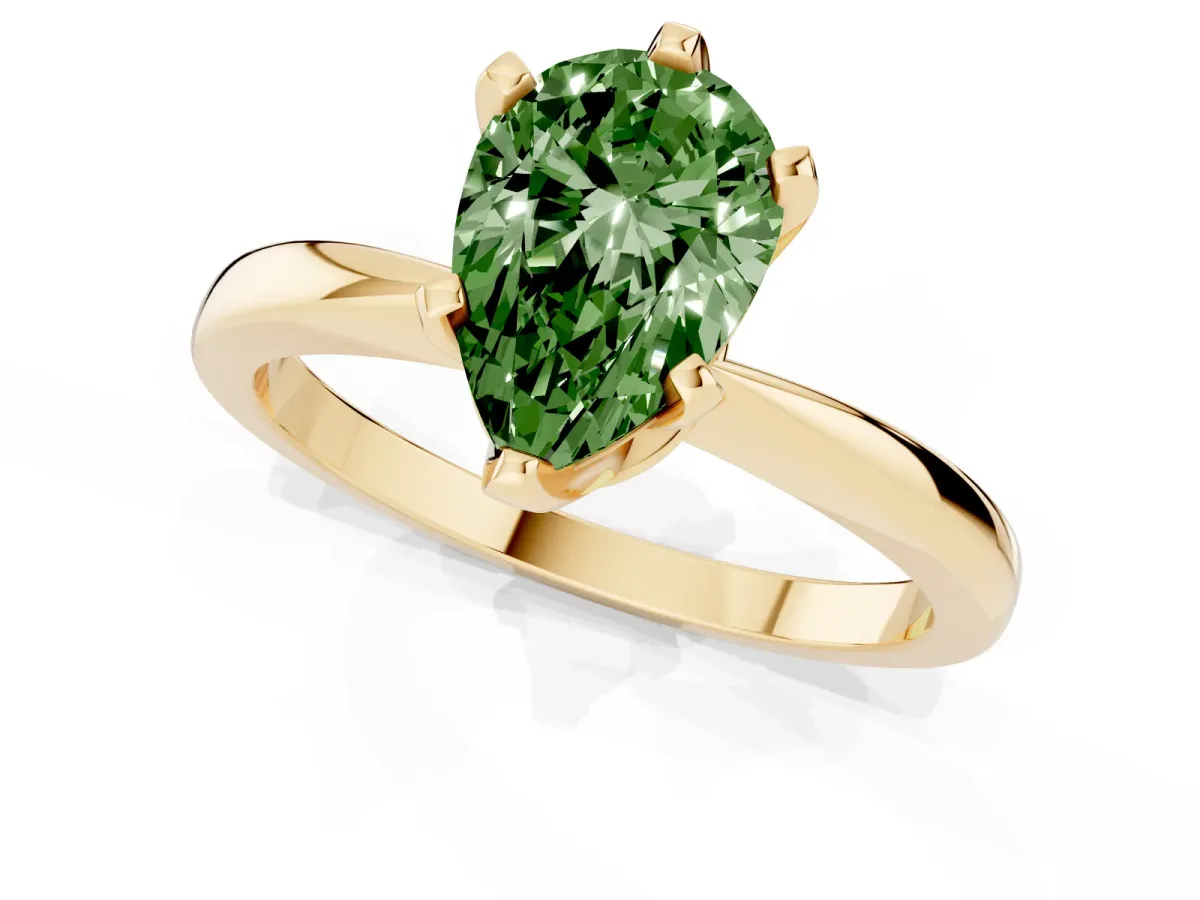 Fancy Green Pear Cut Solitaire Engagement Ring with Six-Prong Setting and Tapered Band Yellow gold