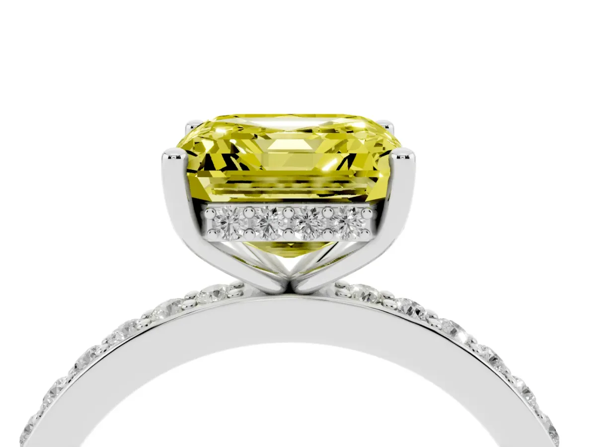 Fancy Yellow Asscher Cut Cut Diamond Pavé Band Ring with Four-Prong Setting Platinum