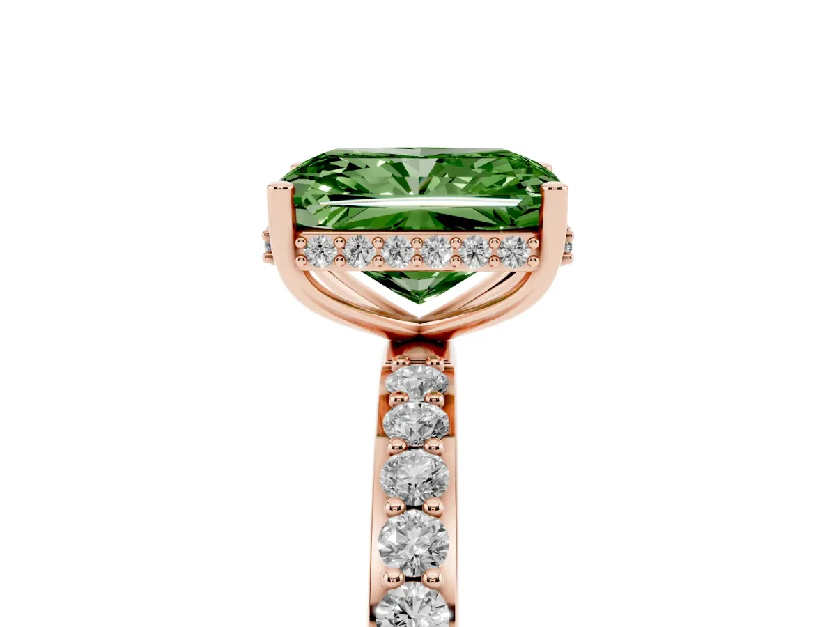 Fancy Green Radiant Cut Diamond Solitaire Ring with Pavé Band and Hidden Halo Rose gold