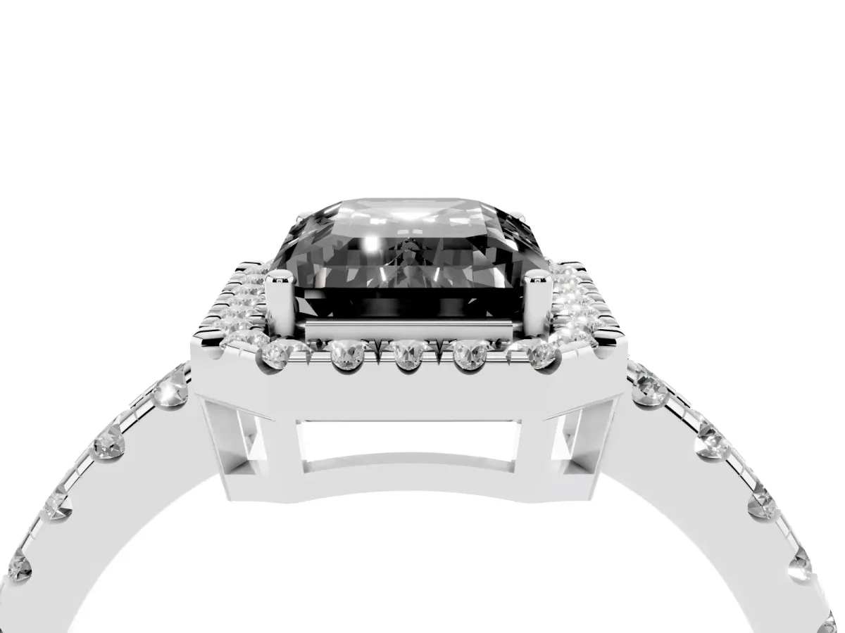 Fancy Black Emerald Cut Diamond Halo Ring with Pavé Band and Four-Prong Setting Platinum