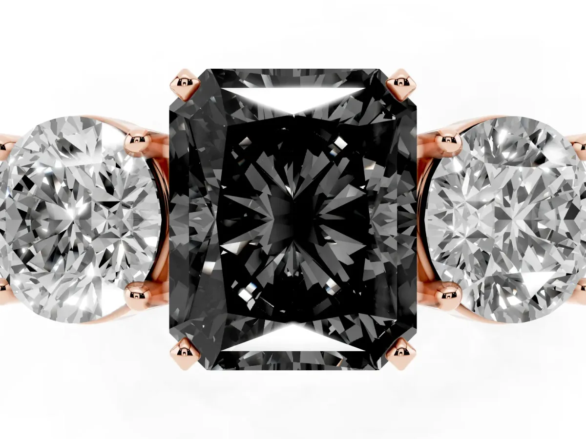 Fancy Black Three-Stone Radiant Cut Diamond Ring with Round Side Stones, Classic Band, and Four-Prong Setting Rose gold