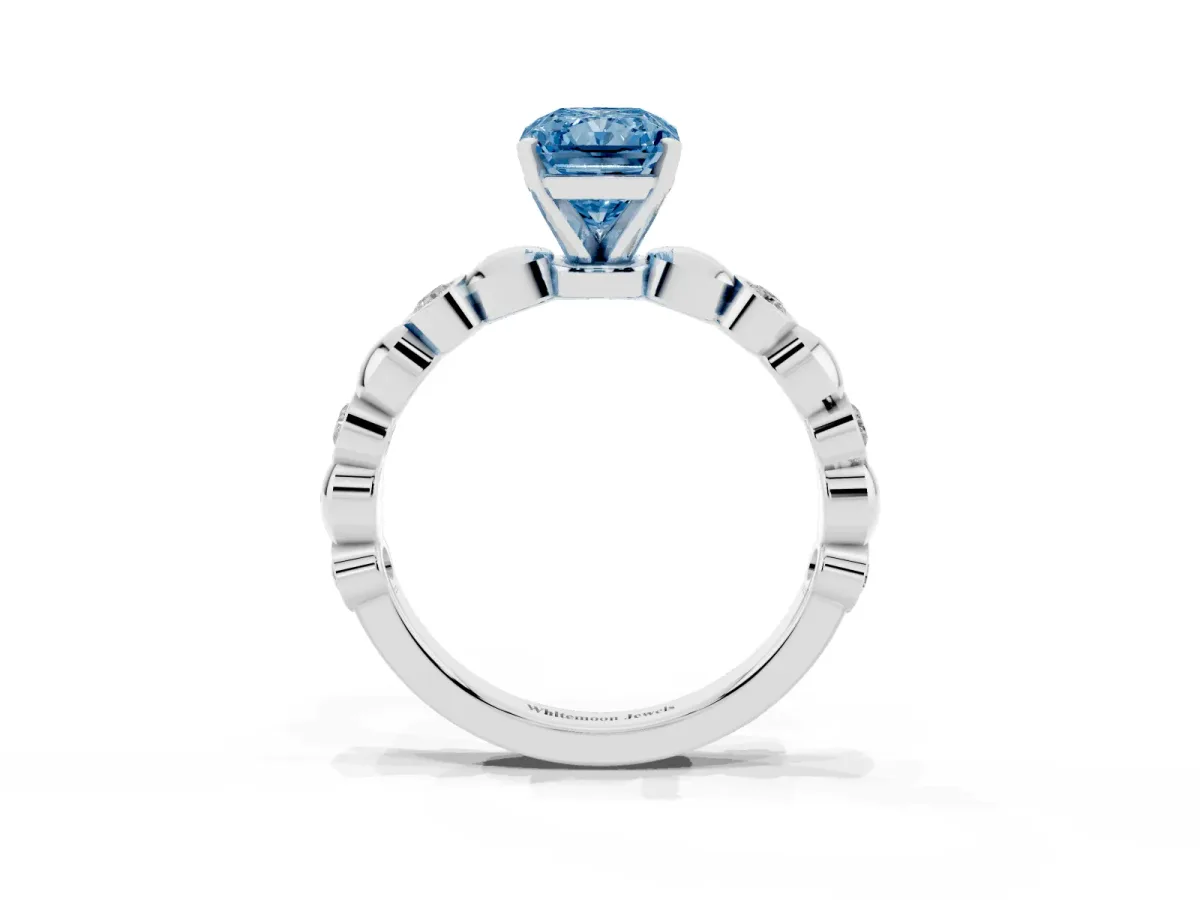 Fancy Blue Radiant Cut Solitaire Bezel-Set Diamond Ring with Beaded Band and Four-Prong Setting Silver