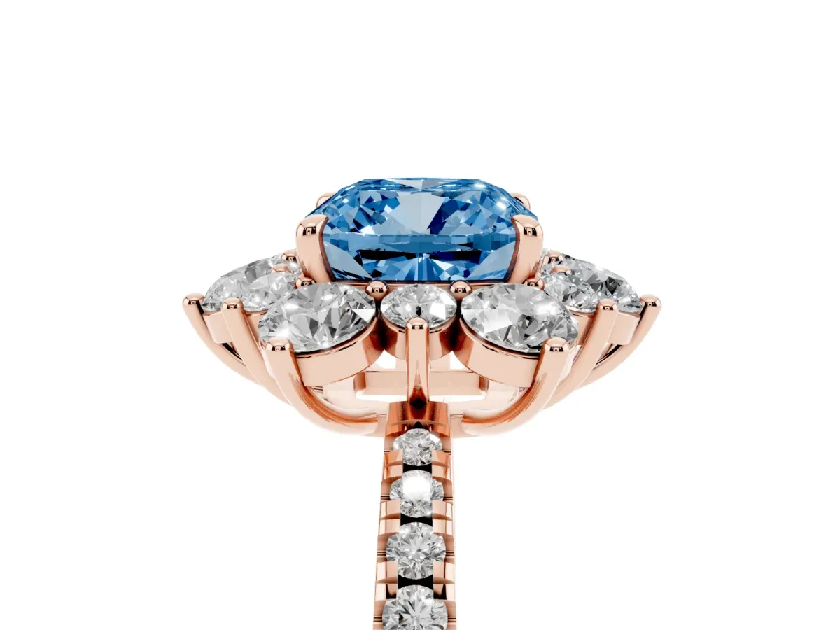 Fancy Blue Cushion Cut Diamond Floral Halo Ring with Round Pavé Band and Prong Setting Rose gold