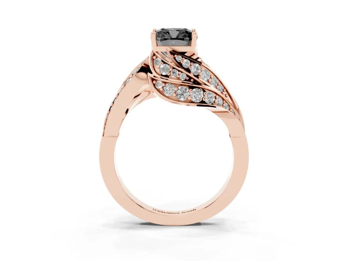 Fancy Black Cushion Cut Diamond Solitaire Ring with Prong Setting and Twisted Pavé Band Rose gold