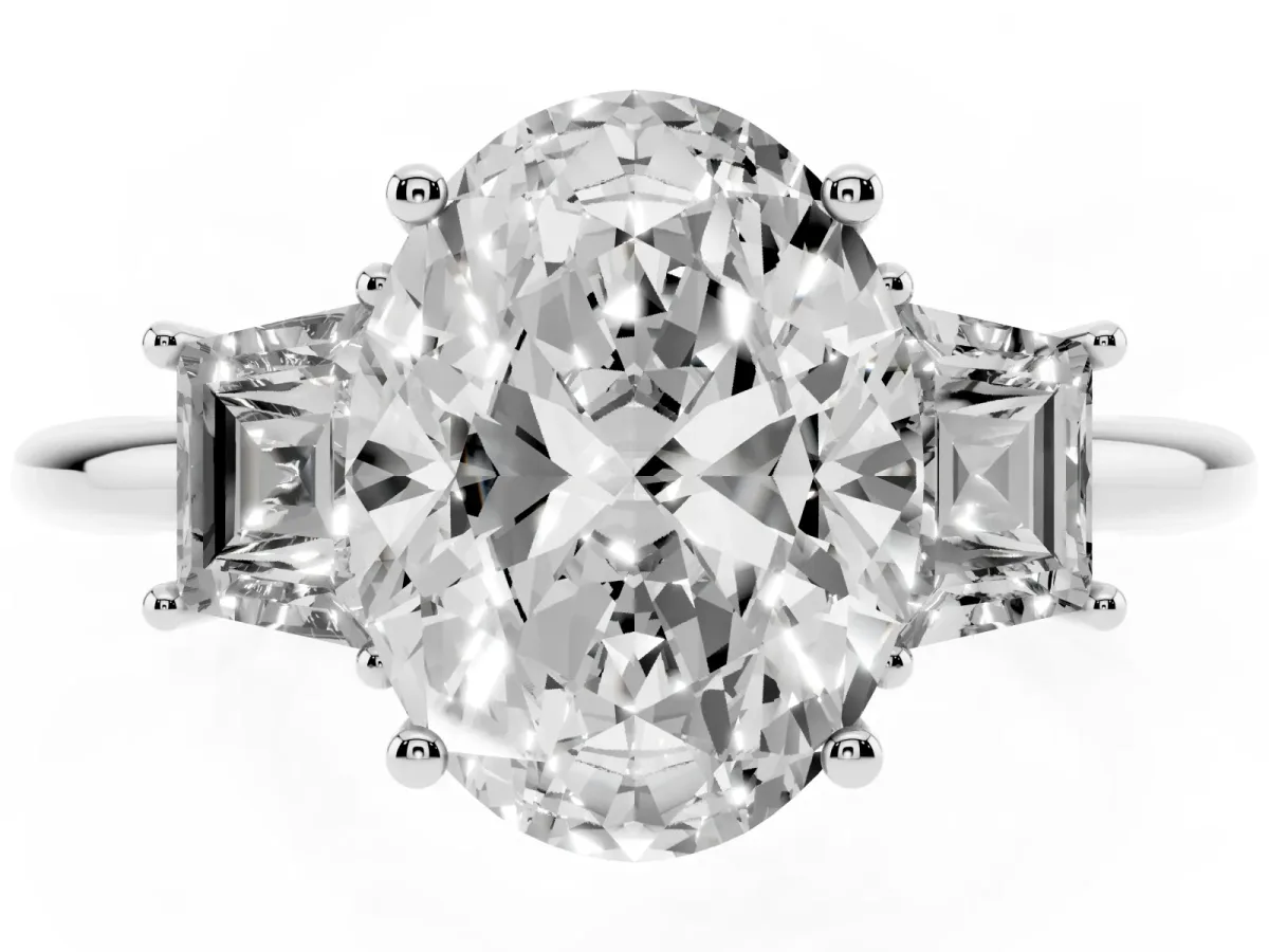 Oval Cut Diamond Three-Stone Ring with Trapezoid Side Stones and Prong Setting Platinum