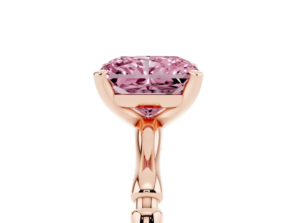 Fancy Pink Radiant Cut Solitaire Diamond Ring with Bamboo Band and Four-Prong Setting Rose gold