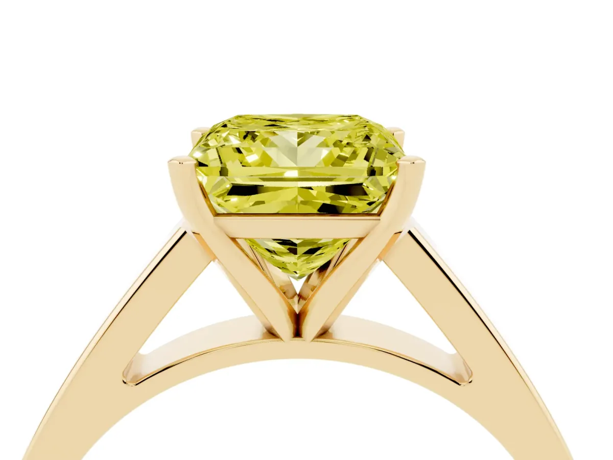 Fancy Yellow Princess Cut Solitaire Engagement Ring with Four-Prong Setting and Tapered Band Yellow gold