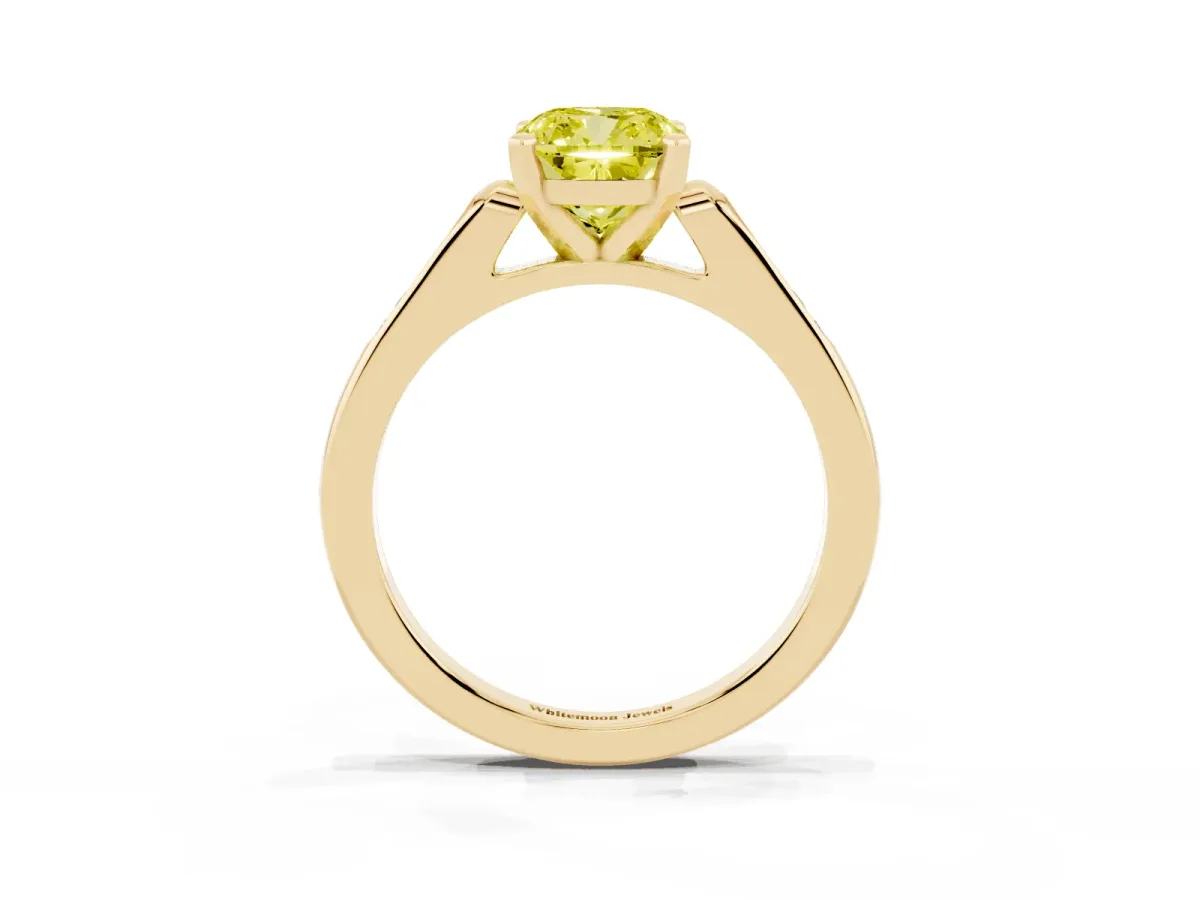 Fancy Yellow Cushion Cut Diamond Solitaire Ring with Channel Set Round Band and Prong Setting Yellow gold
