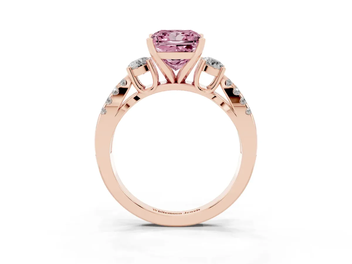Fancy Pink Princess Cut Diamond Three-Stone Ring with Pavé Split Shank and Four-Prong Setting Rose gold