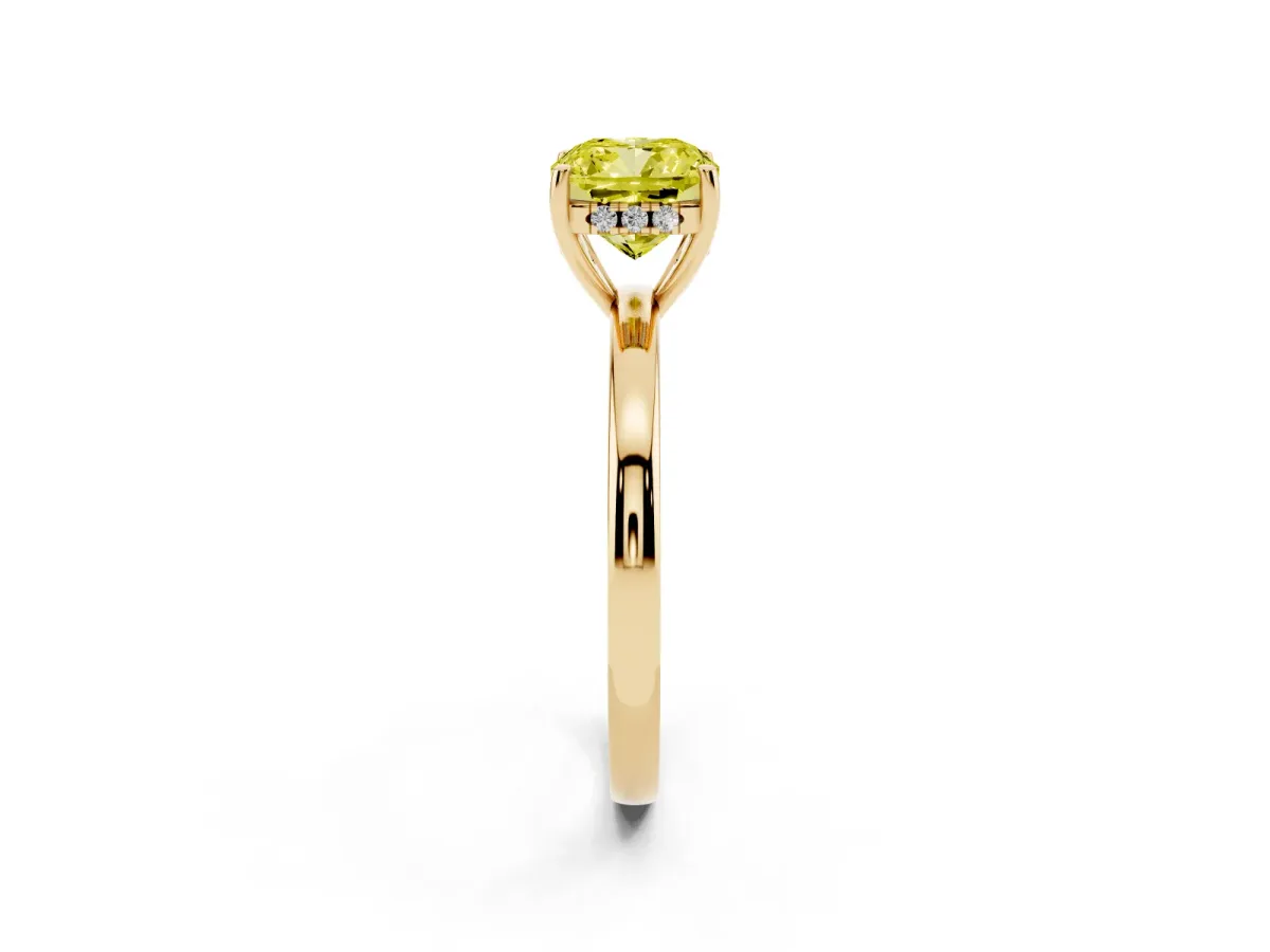 Fancy Yellow Cushion Cut Solitaire Diamond Ring with Prong Setting and Plain Band Yellow gold
