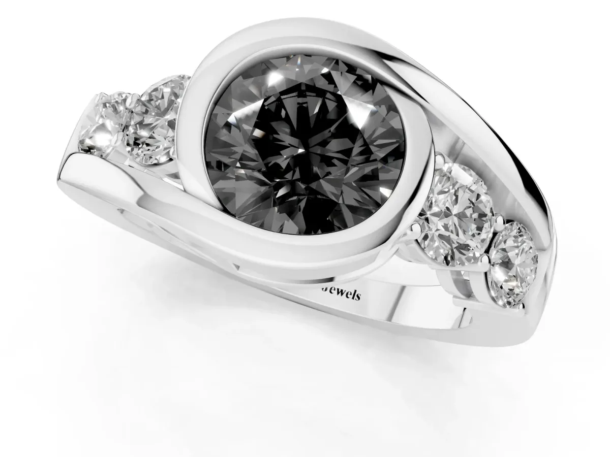 Fancy Black Bezel Set Round Cut Diamond Bypass Ring with Round Accents White gold