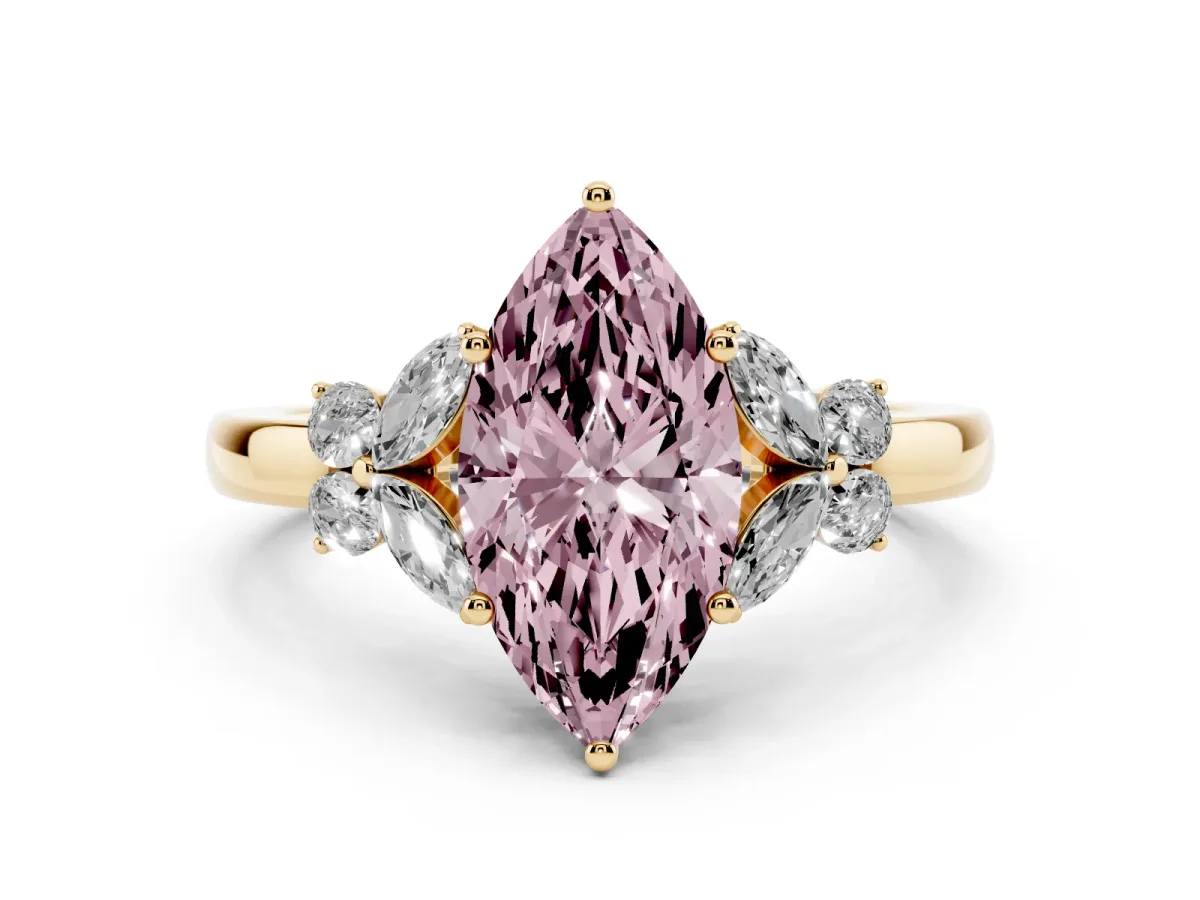 Fancy Pink Marquise Cut Cut Solitaire Floral Diamond Ring with Four-Prong Setting Yellow gold