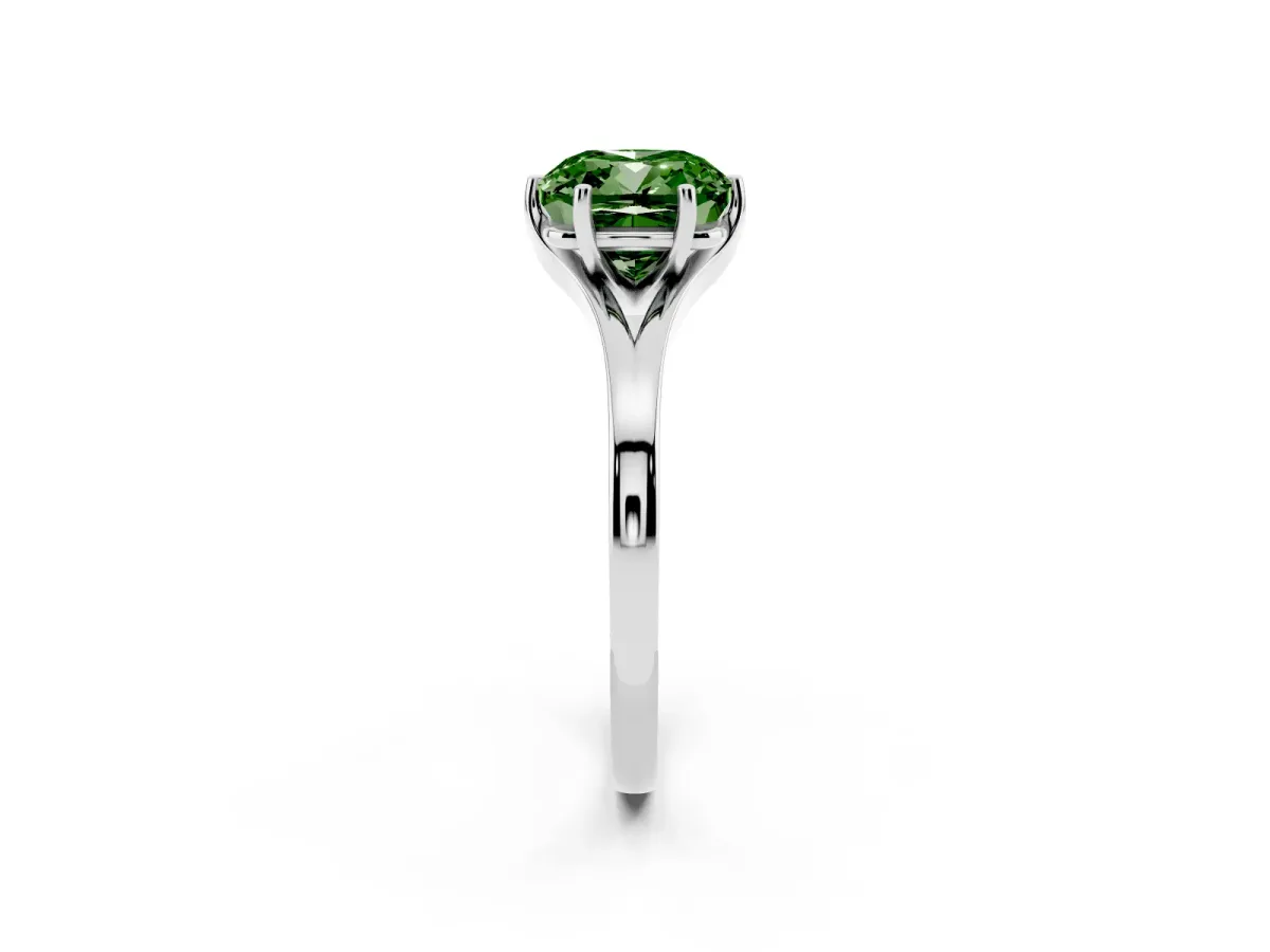 Fancy Green Cushion Cut Solitaire Diamond Ring with Six-Prong Setting and Tapered Band Silver