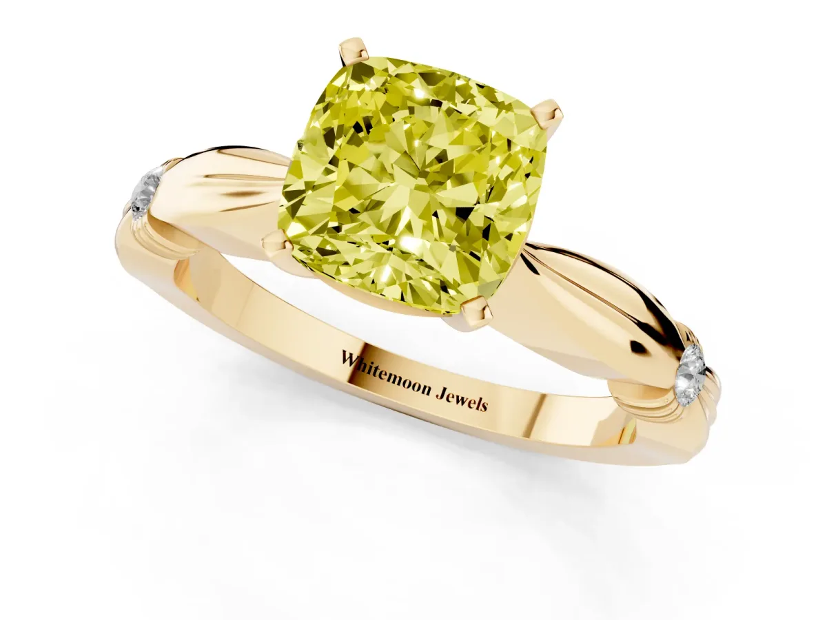 Fancy Yellow Cushion Cut Solitaire Diamond Twisted Band with Four-Prong Setting Yellow gold