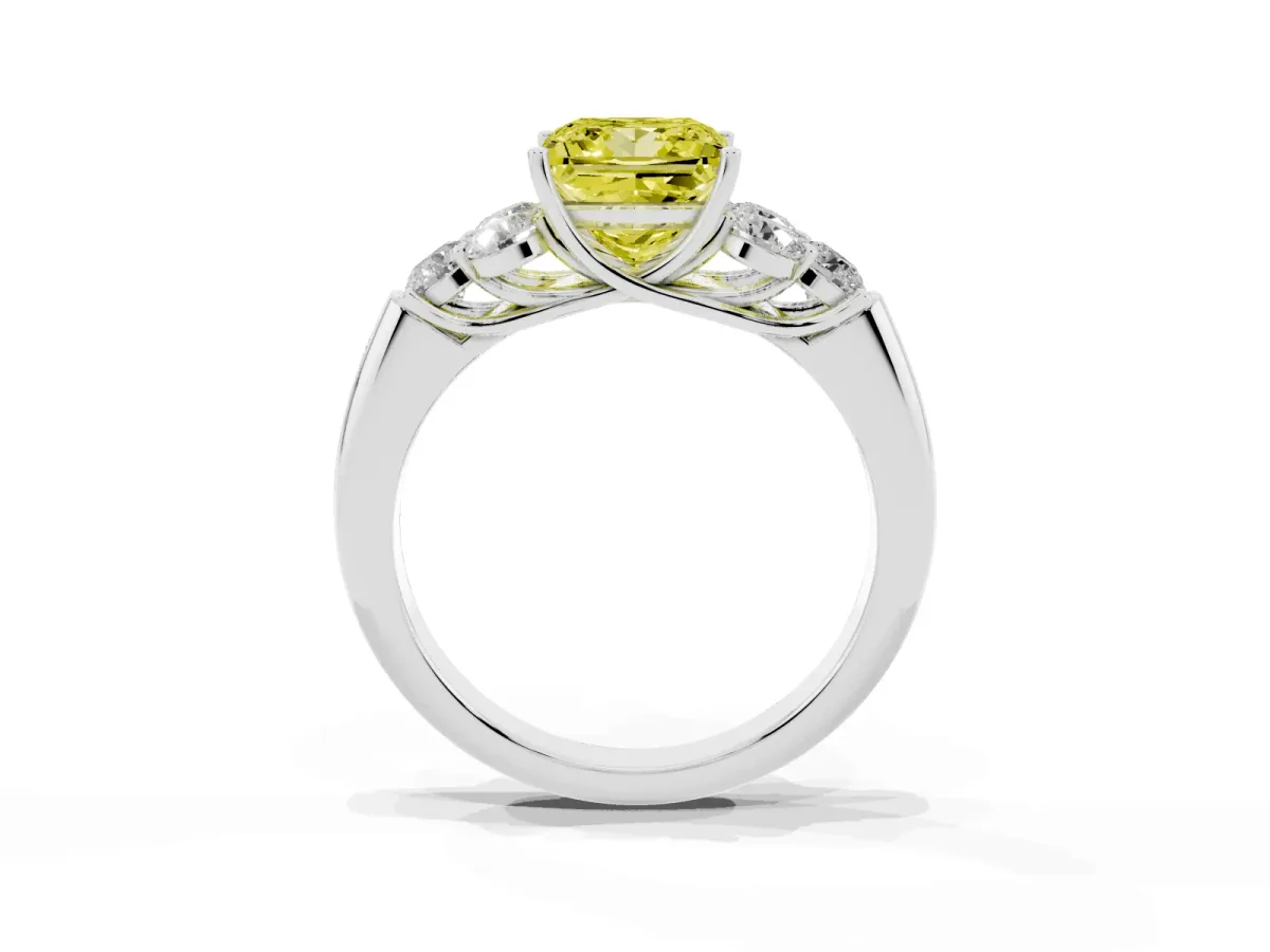 Fancy Yellow Princess Cut Cut Diamond Cluster Ring with Round Accent Stones and Prong Setting on a Classic Band White gold