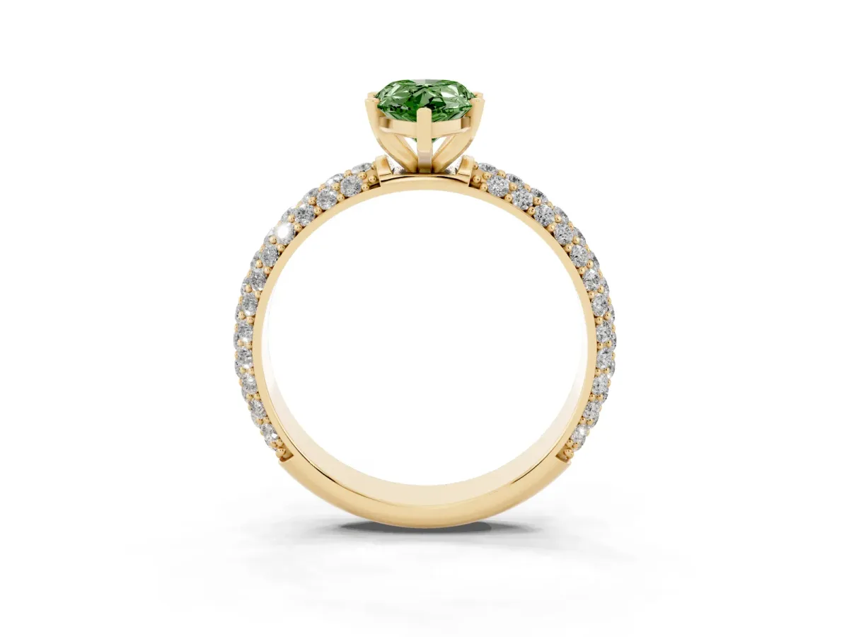 Fancy Green Pear Cut Diamond Solitaire Ring with Prong Setting and Pavé Band Yellow gold