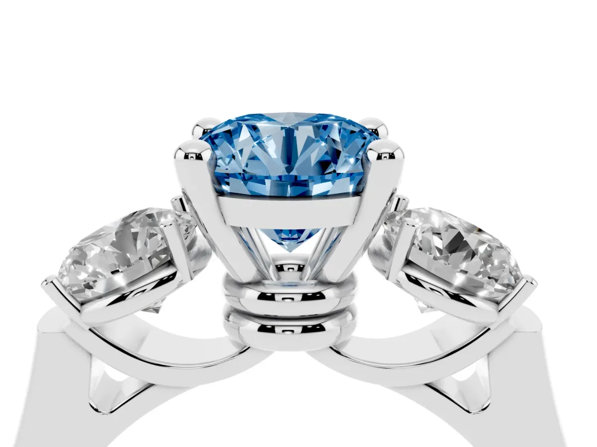 Fancy Blue Three-Stone Round Cut Brilliant Diamond Trellis Ring with Comfort Fit Band White gold