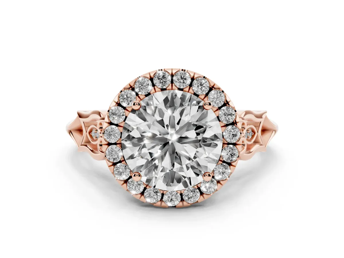 Round Cut Halo Diamond Engagement Ring with Filigree Band and Four-Prong Setting Rose gold