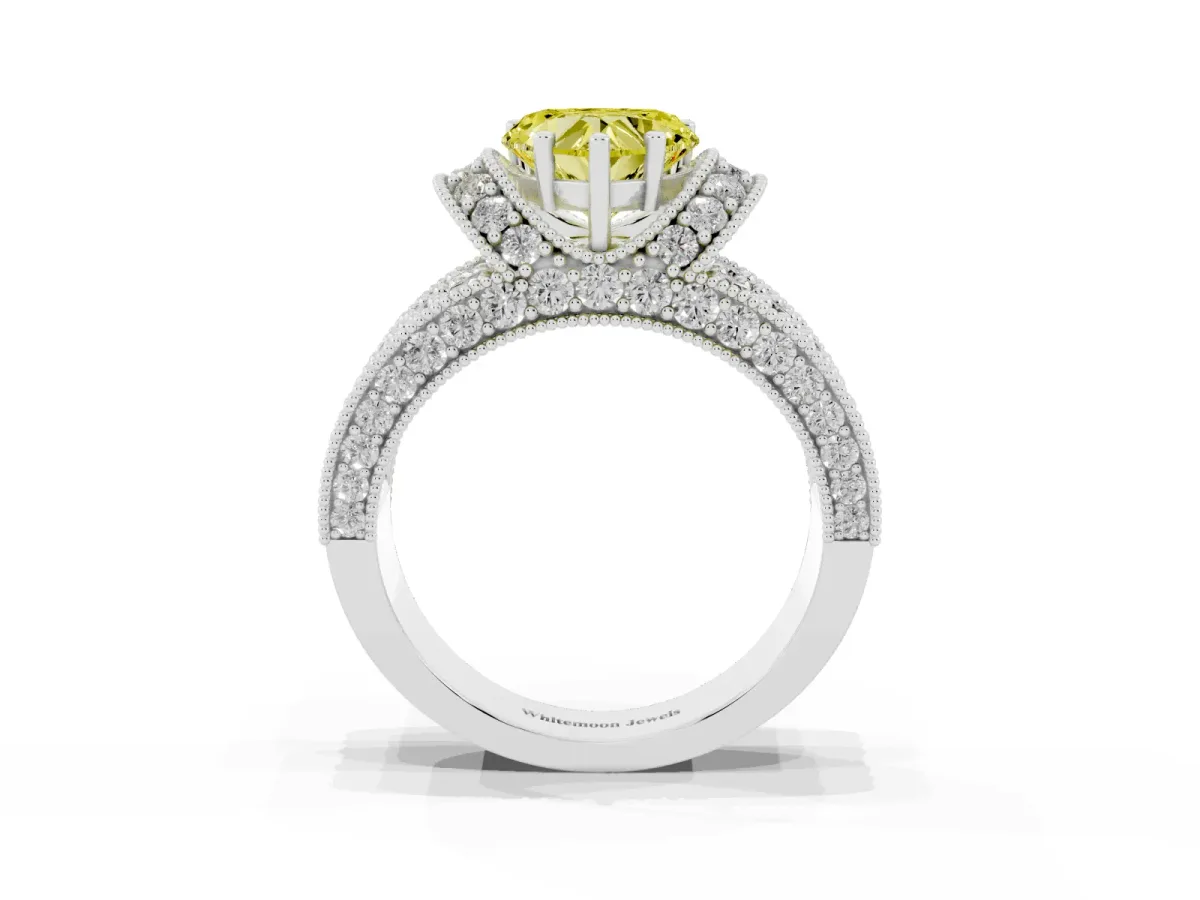 Fancy Yellow Heart Cut Halo Pave Diamond Engagement Ring with Milgrain Detailing White gold