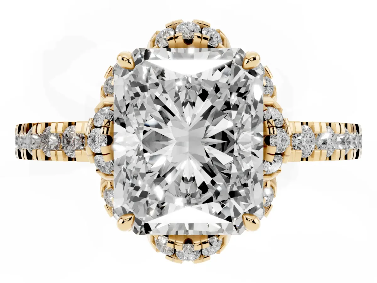 Radiant Cut Halo Diamond Pave Band Ring with Four-Prong Setting Yellow gold