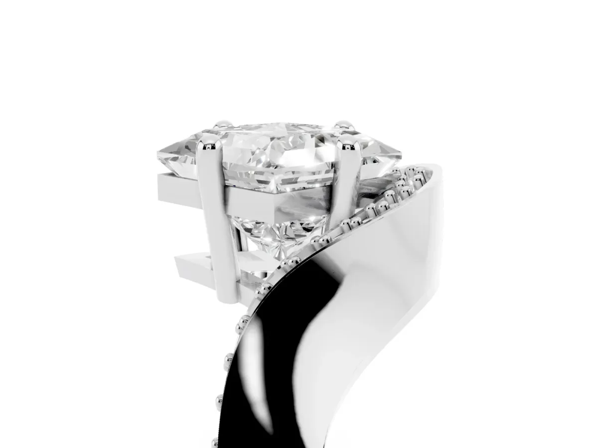Princess Cut Solitaire Diamond Engagement Ring with Pave Band and Four-Prong Setting Silver