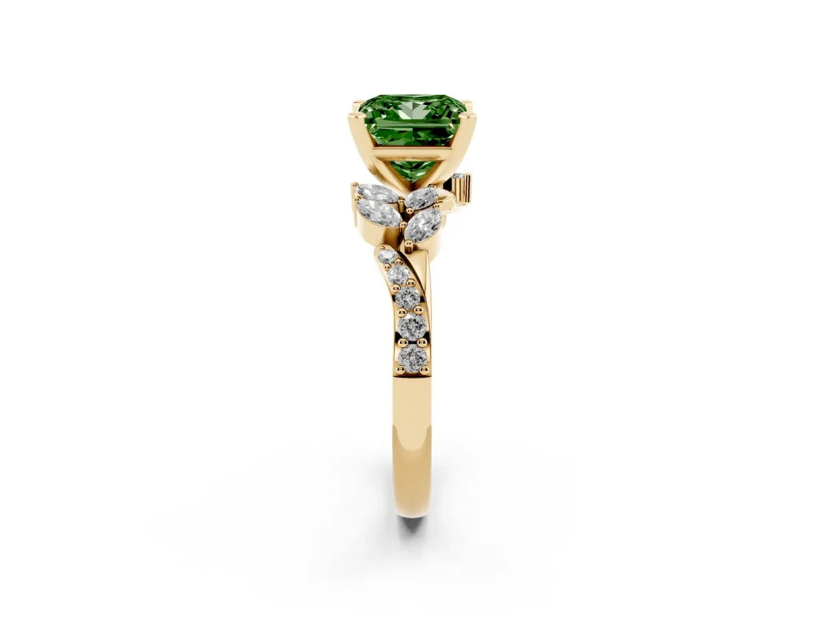 Fancy Green Princess Cut Solitaire Marquise Twist Band with Six-Prong Setting Yellow gold