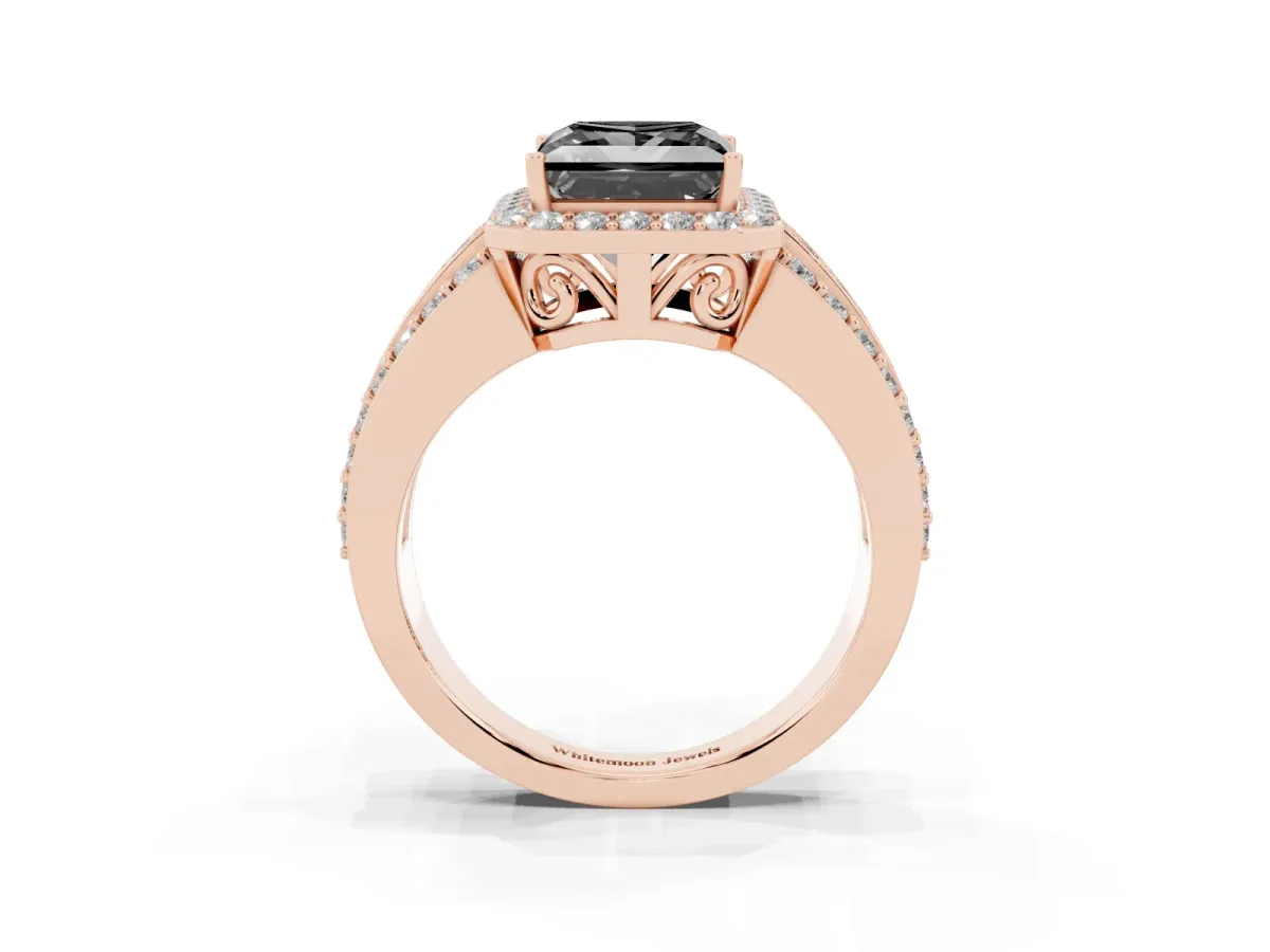 Fancy Black Princess Cut Halo Diamond Ring with Round Split Shank and Prong Setting Rose gold