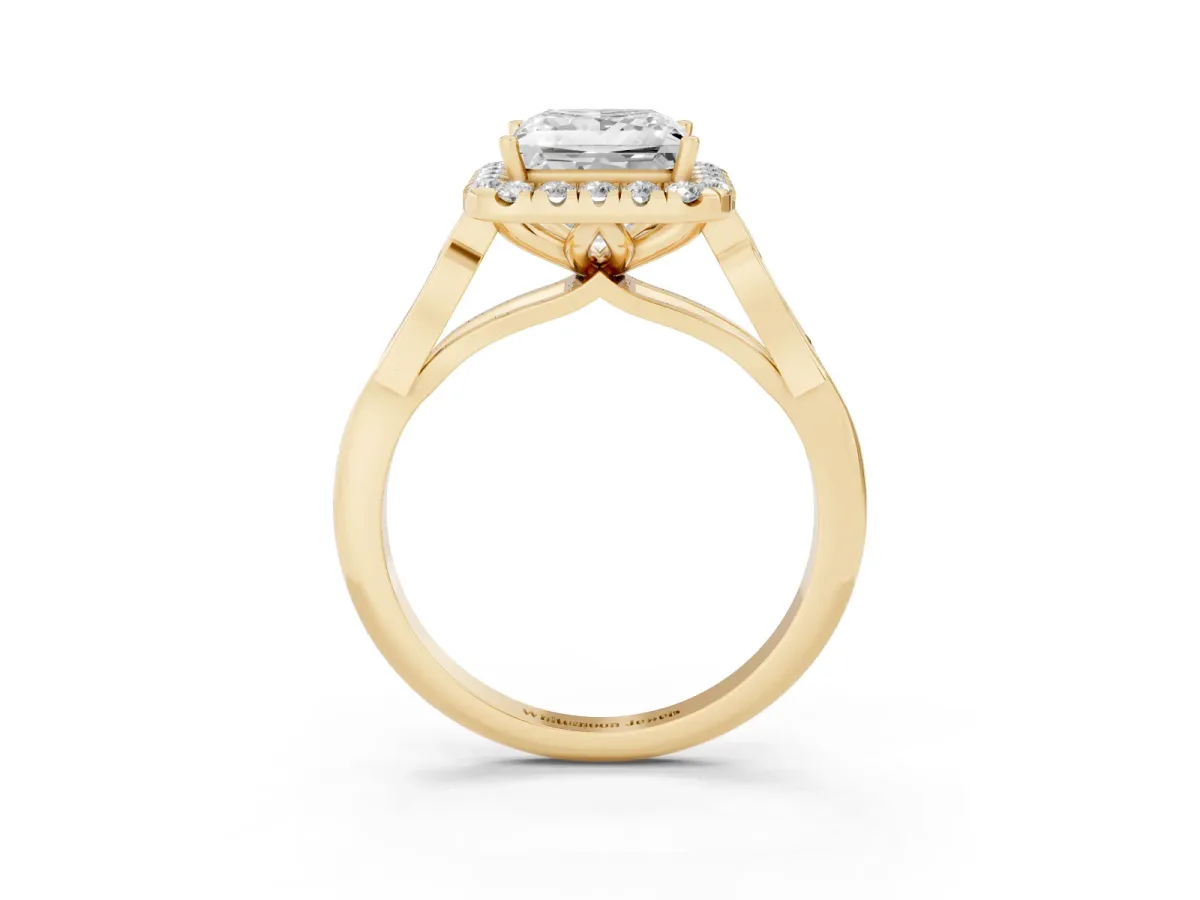 Princess Cut Halo Diamond Engagement Ring with Filigree Band and Four-Prong Setting Yellow gold