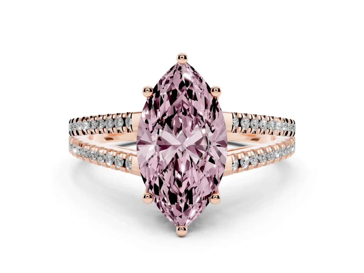 Fancy Pink Marquise Cut Diamond Solitaire Engagement Ring with Split Shank Pavé Band Rose gold