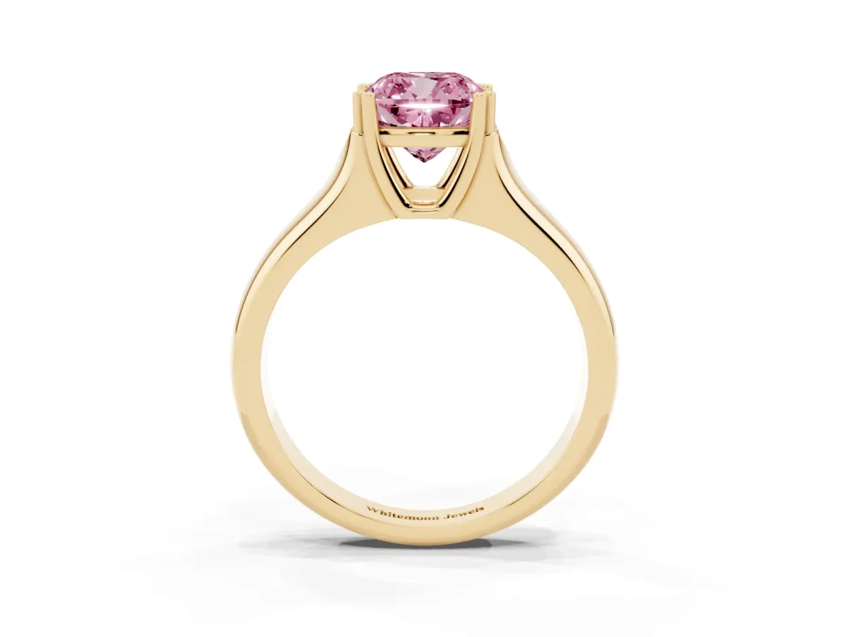 Fancy Pink Cushion Cut Diamond Solitaire Ring with Wide Band and Prong Setting Yellow gold
