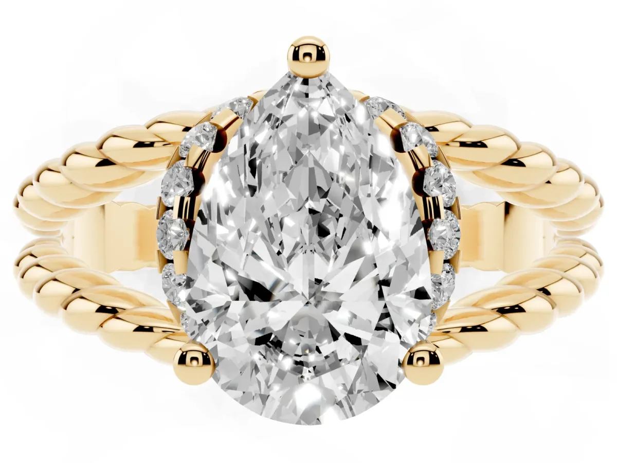 Pear Cut Halo Twisted Band Four-Prong Ring Yellow gold