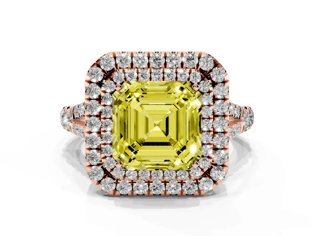 Fancy Yellow Asscher Cut Cut Double Halo Split Shank Diamond Ring with Prong Setting Rose gold